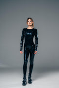 Black latex catsuit with chest zips, full length front view