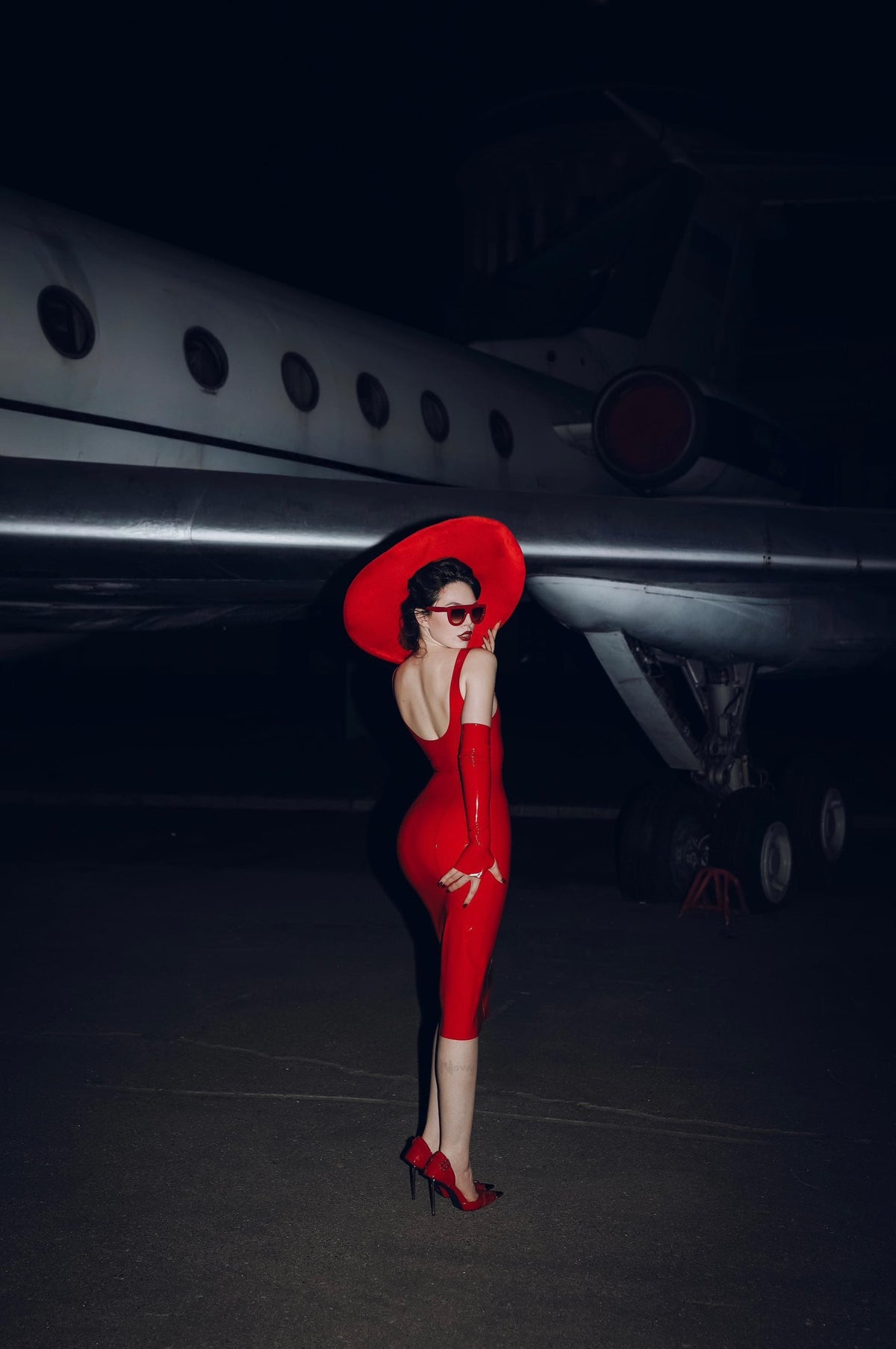 Latex midi dress with long gloves, full length