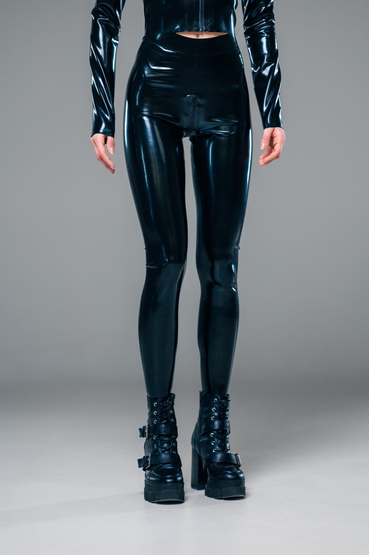 Black latex leggings seen from the front