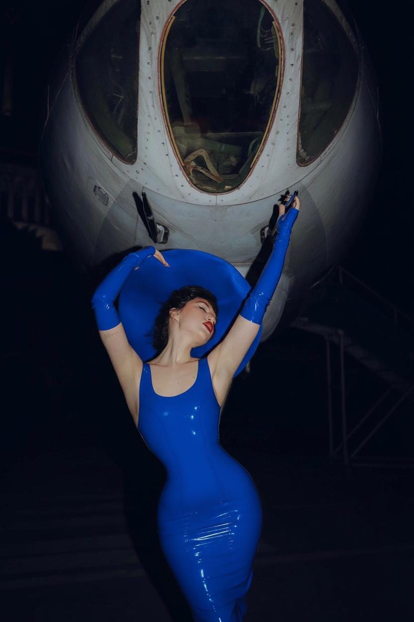 Royal blue latex midi dress, front view