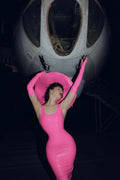 Pink latex tank midi dress with long gloves