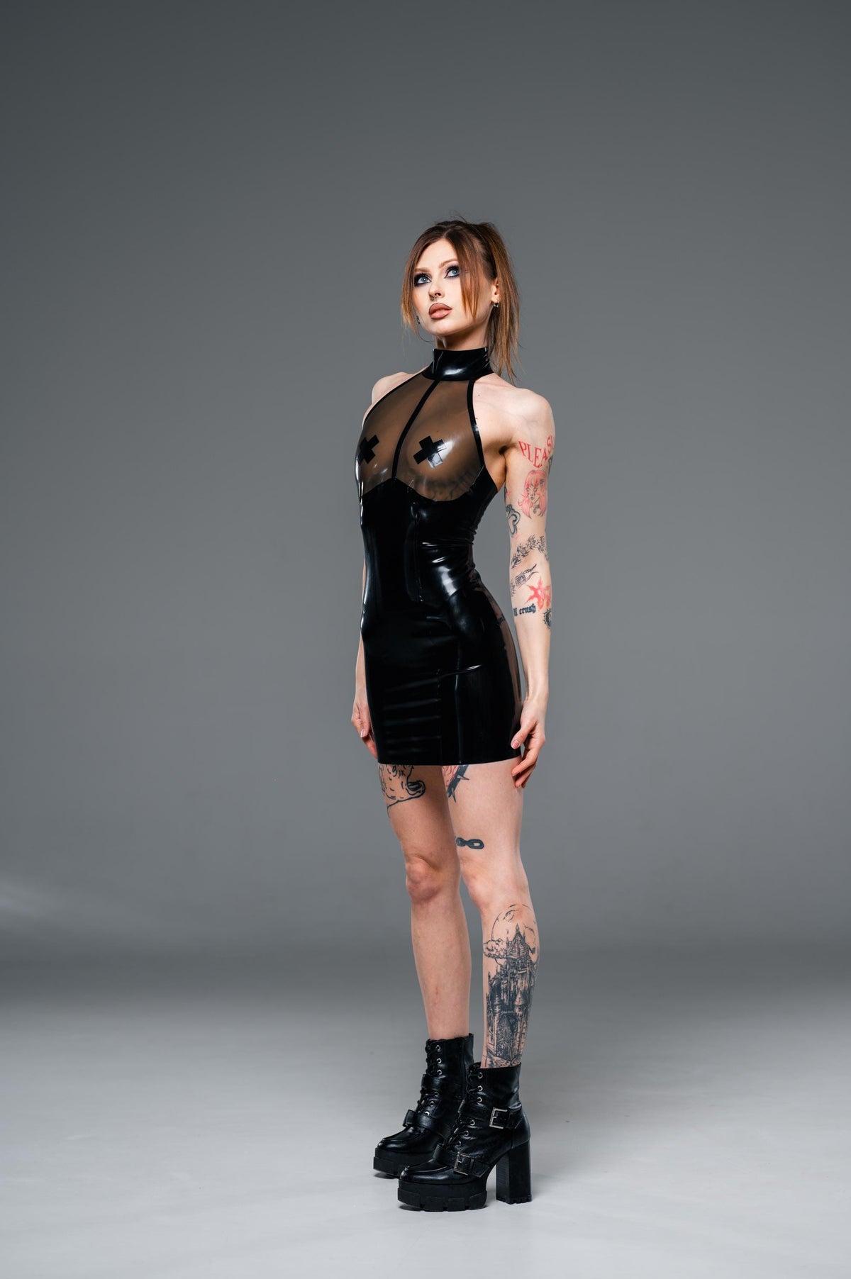 Black latex mini dress with sheer bodice, detail