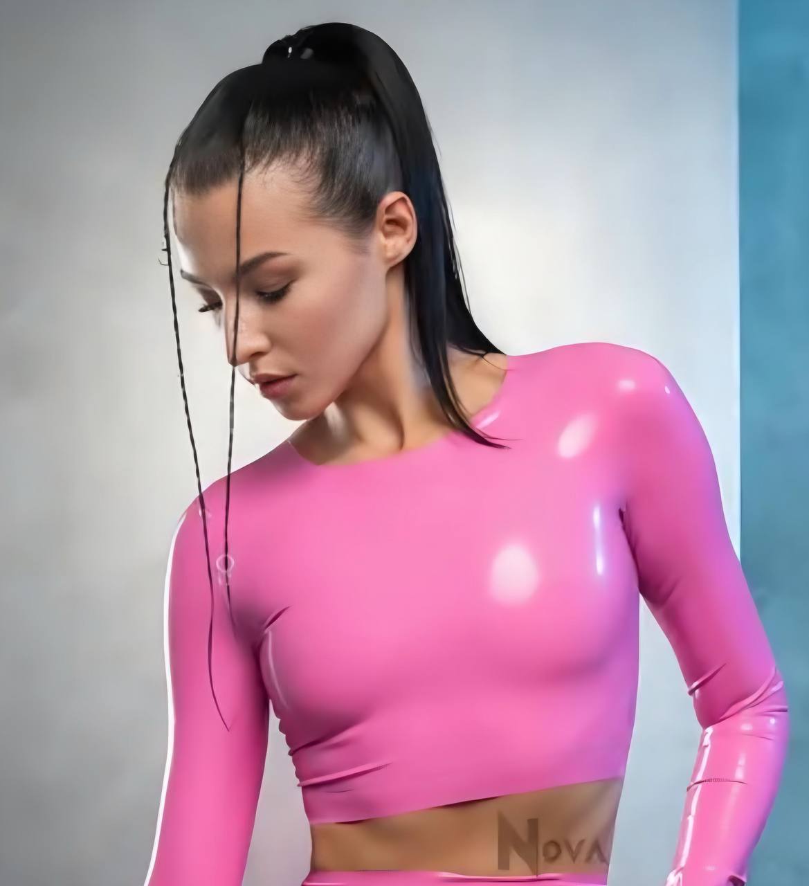 Pink Latex Longsleeve Crop Top – Shiny Rubber Fetish Top for Women
