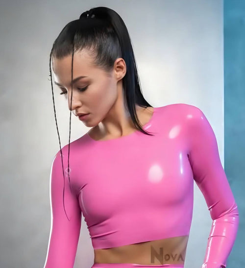 Pink Latex Longsleeve Crop Top – Shiny Rubber Fetish Top for Women
