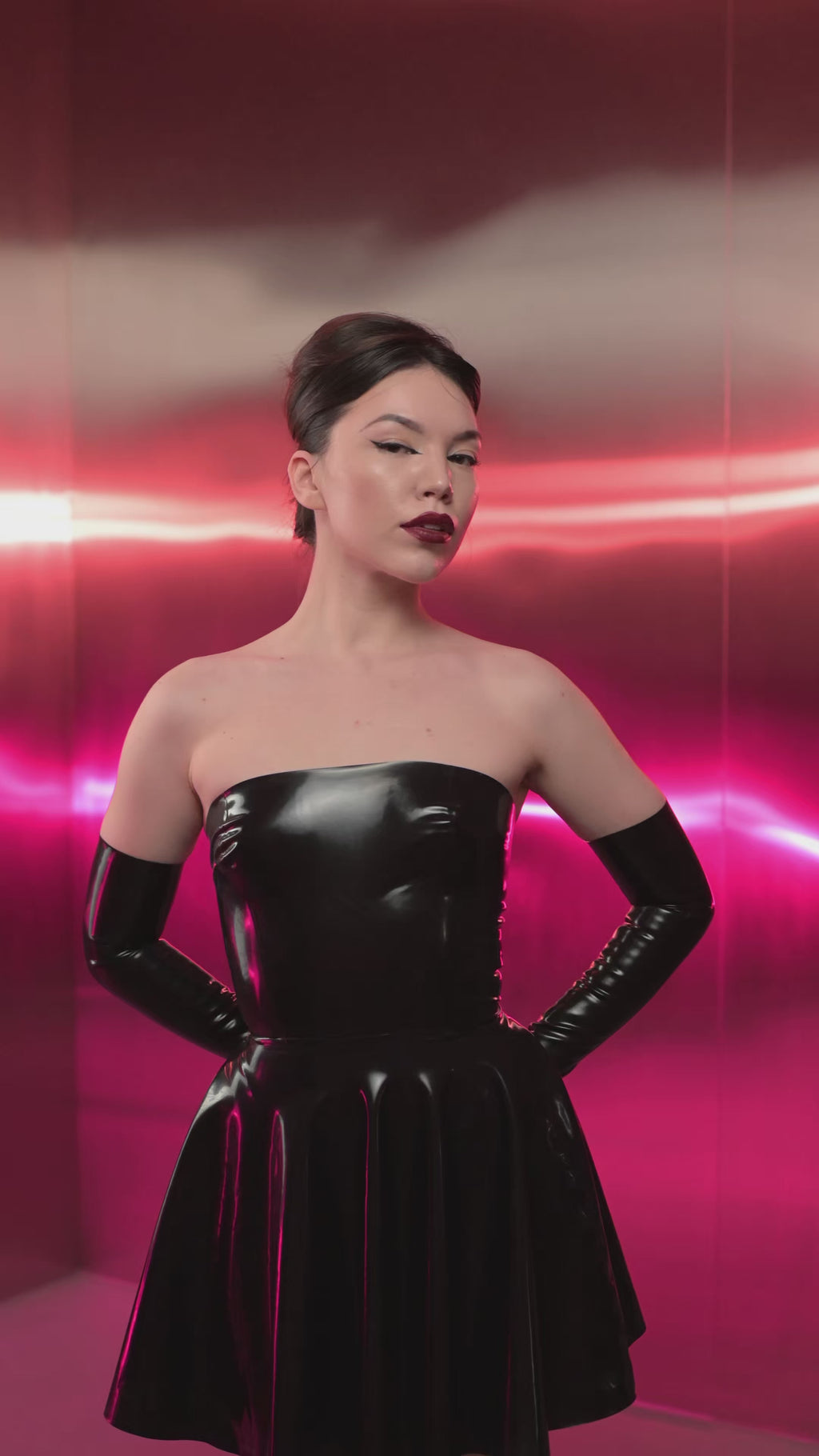 Strapless Latex Mini Dress with Long Gloves