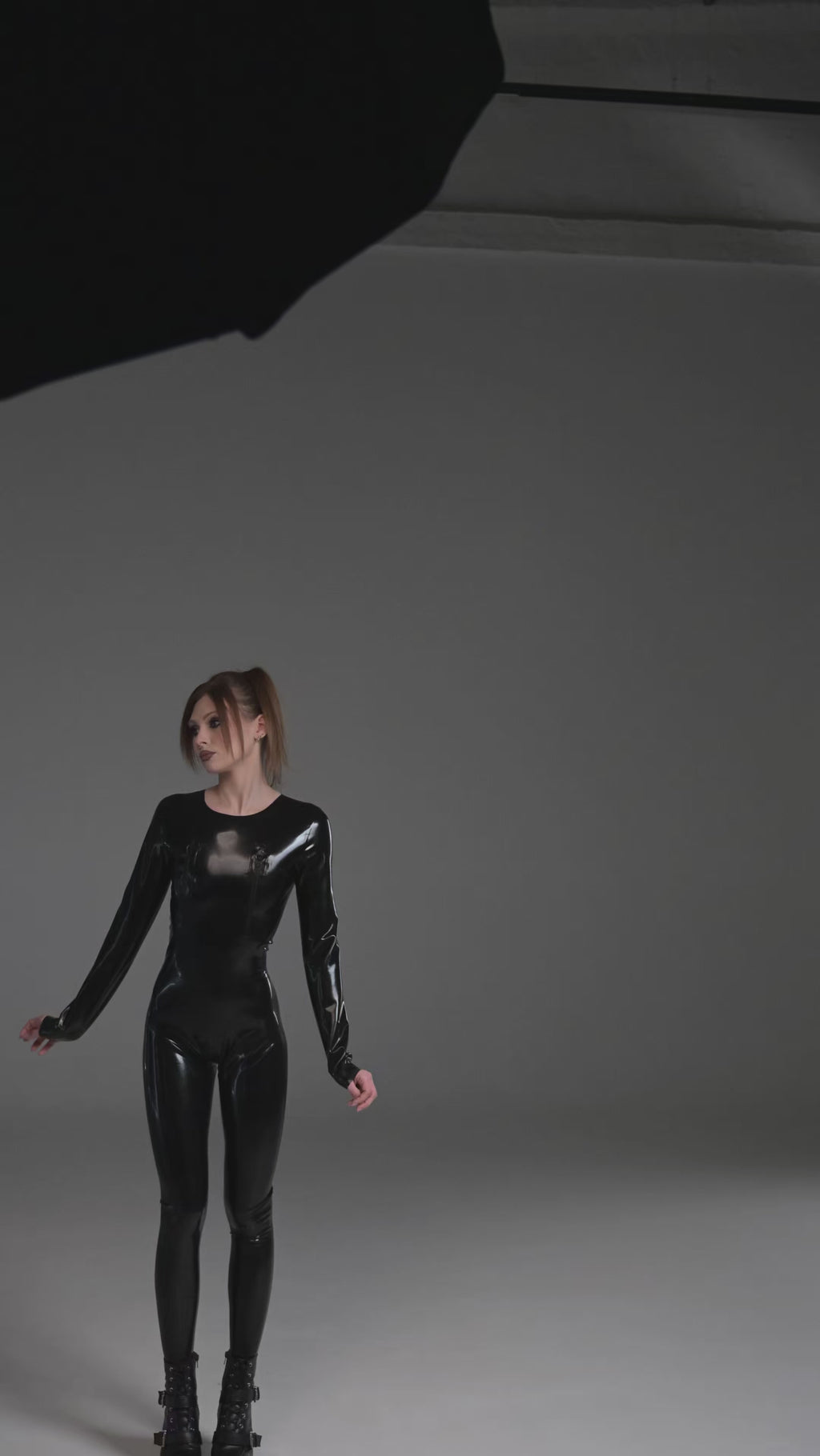 Black Latex Catsuit with Chest Zips and Lower Zip