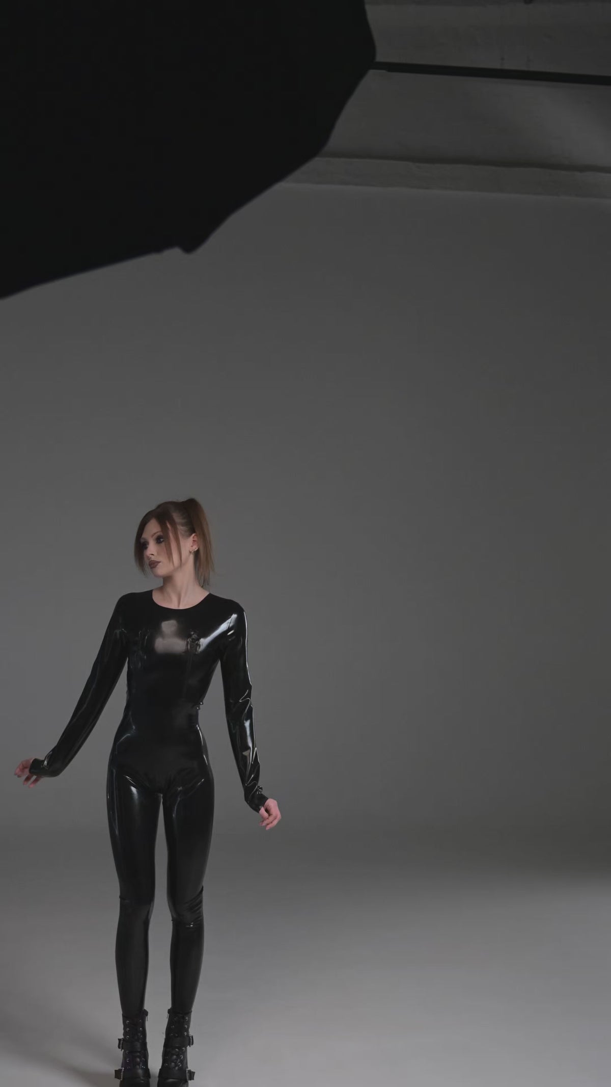 Black Latex Catsuit with Chest Zips and Lower Zip