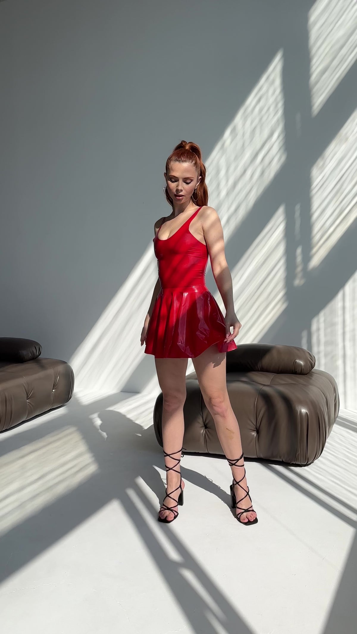 Red Latex Mini Dress with Flared Skirt