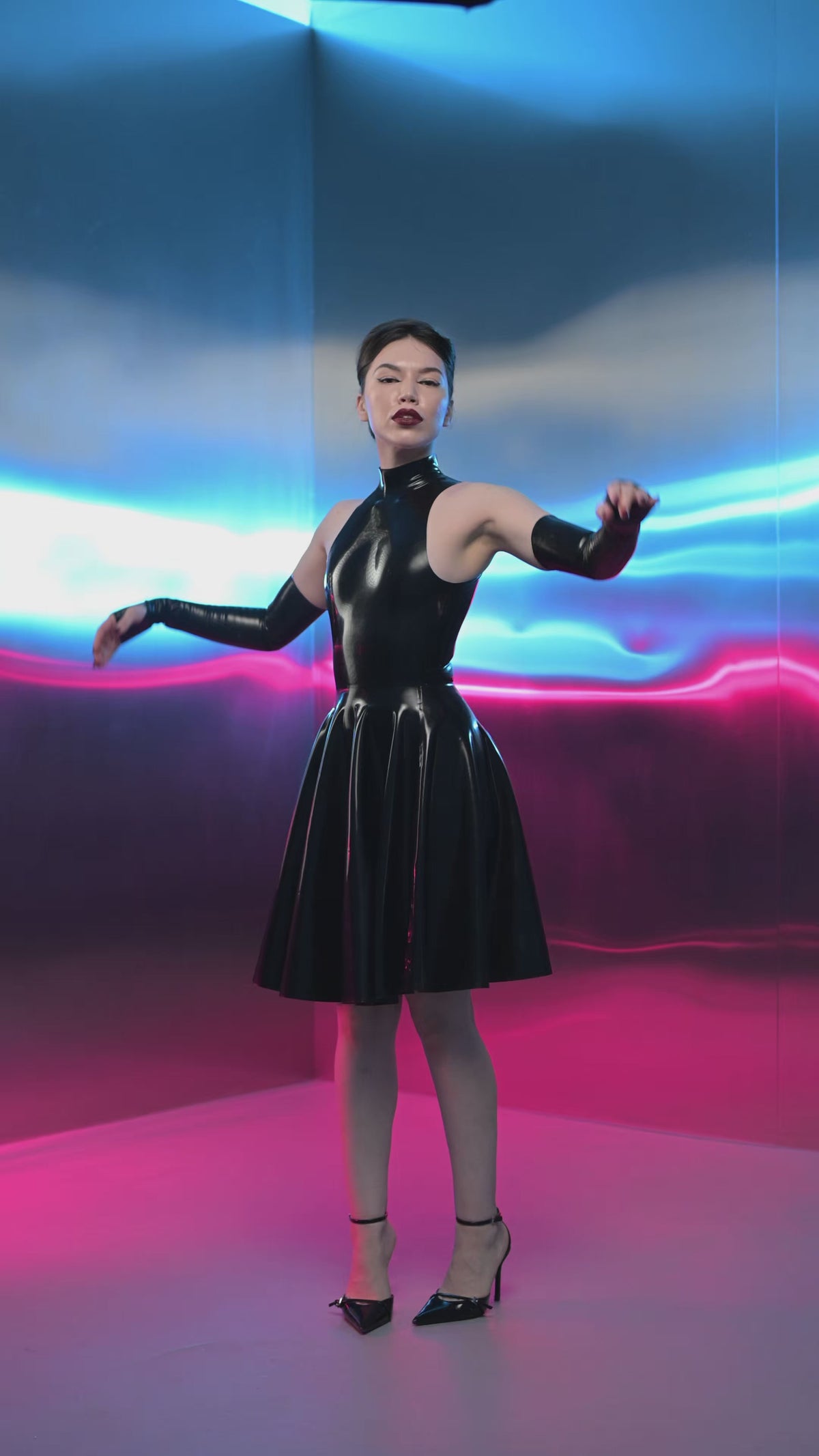 High Neck Latex Midi Dress with Long Gloves